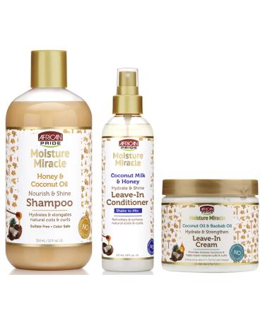 African Pride Moitions Miracle Shampoo leverin conditioner and leverin cream SET coconut oil honey baobate oil and milk