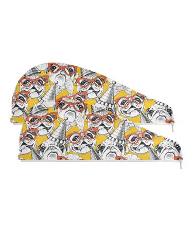 Glasses Pug Microfiber Towel Quick Dry Wet Hair Towel for Women Girls 2 Pack 9.5" x 24"