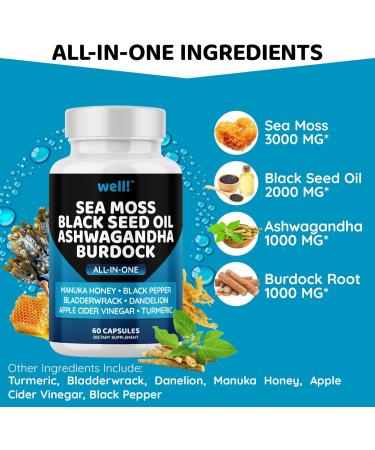 Sea Moss & Super Antioxidants Supplement - 3000mg Sea Moss 2000mg Black Seed Oil Ashwagandha Turmeric & More - 120 Count (Pack of 2) | International Shipping Available - Buy Online on GoSupps.com