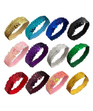 12 Pack Sequin Headbands Elastic Stretch Sparkly Fashion Headband for Teens Girls Women Hairband Sport Head Band Party Favors Muticolored Multi-colored
