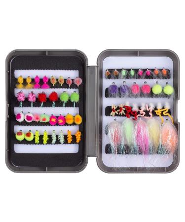 BASSDASH Trout Steelhead Salmon Fishing Flies Barbed Barbless Fly Hooks Include Dry Wet Flies Nymphs Streamers Eggs, Fly Lure Kit with Fly Box 57pcs barbed steelhead/salmon/trout flies