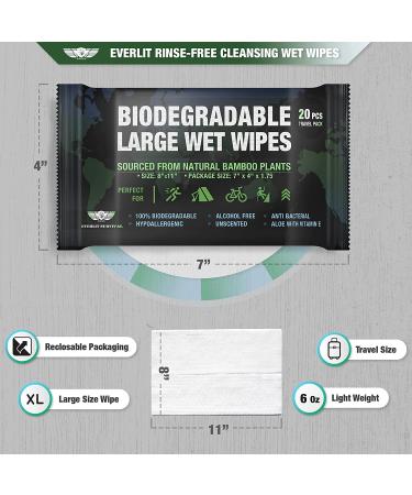 Everlit Survival Natural Bamboo Wet Wipes - Rinse-free Biodegradable Body Wipes for Travel, Camping, and Gym - 5 Packs of 20 Count - Buy Online on GoSupps.com