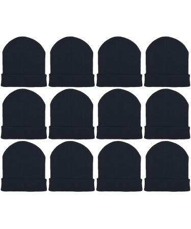 12 Pack Winter Beanie Hats for Men Women, Warm Cozy Knitted Cuffed Skull Cap, Wholesale 12 Pack Black