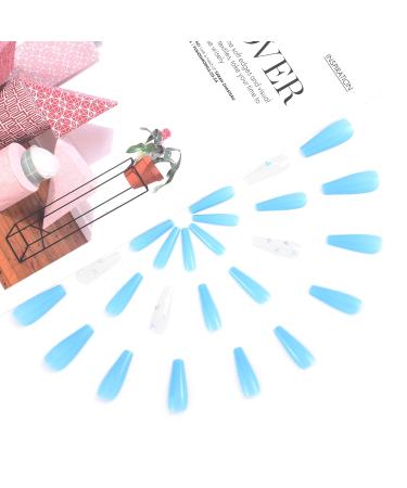 Sethexy Long Glossy Ballerina False Fingernails - Blue French Coffin Art Nail Tips | 24 Full Cover Press-On Nails with Butterfly Design for International Shipping - Buy Online on GoSupps.com