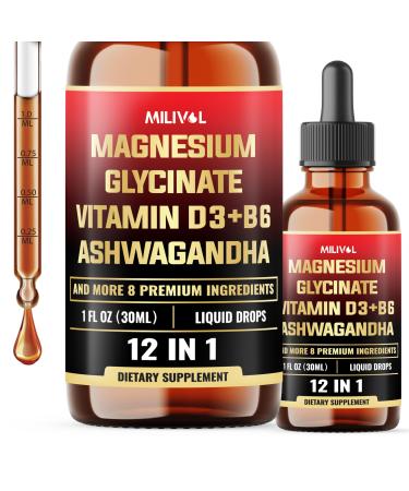 12in1 Magnesium Glycinate Liquid Drops and Ashwagandha, L-Theanine, GABA, Sea Moss, Elderberry - 1 FL Oz - 30 Servings