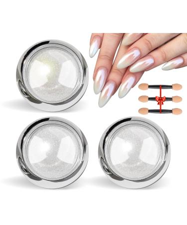 Ledsuuei White Pearl Chroma Nail Powder 3Pcs Aurora Ice Shimmer Chrome Nail Powder Chrome Pigment Powder for Nails Glazed Donut Glitzer Puder Nails Mirror Effect Glitter Powder for Nail Salon E-White