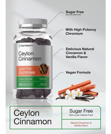Organic Sugar Free Ceylon Cinnamon Gummies 2000mg | 120 ct | Vegan, Non-GMO, Gluten Free | Natural Cinnamon & Vanilla Flavor | Horbaach - Buy Online on GoSupps.com