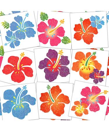 180 Pcs Hibiscus Glitter Sticker Tattoo Temporary Tattoo Summer Fake Flower Stickers Cute Apparel Accessories for Body Face Kids Women Party Favors