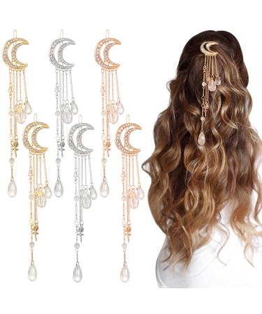 6 Pcs Moon Crystal Rhinestone Beads Dangle Hairpin Moon Hair Accessories Moon Barrette Star Tassel Hair Clip with Crystal Beads Charms Hair Chain Jewelry for Women Girl Bridal  Silver  Gold  Rose Gold Gold  Silver  Rose ...