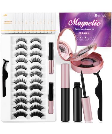 Besnel Magnetic Eyelashes and Eyeliner Kit,12 Pairs Premium 3D 5D Different Density Magnetic Eyelashes Kit with 1 Lash Extension Tweezers and 2 Tubes of Magnetic Eyeliner for Women Girls Natural Look,Reusable,Easy to Wear,No Glue Needed 12 Pairs Eyelash K