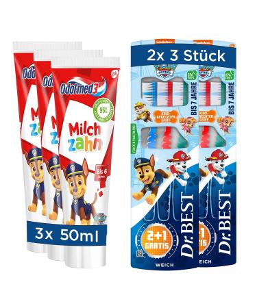 Dr. Best Paw Patrol Children's toothbrush soft advantage pack 2x 3 pieces + Odol-Med3 milk tooth toothpaste for children 3x 50ml toothpaste + toothbrush