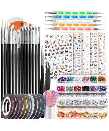 Nail Art Brushes  Nail Dotting Tools  Teenitor Nail Art Design Kit with Butterfly Nail Brush  Nail Art Stickers  Nail Foil  Nail Art Striping Tape  Nail Art Rhinestones Black