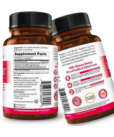 Papaya Leaf Blood Support Capsules - Promotes Healthy Blood Platelet, Bone Marrow & Immunity - 60/450mg Veggie Capsules - Herbal Goodness - Buy Online on GoSupps.com