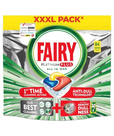 Fairy Platinum PLUS - All-In-One Dishwasher Tabs 84 Lemon Capsules. Lemon Dishwasher Tabs Dishwashing Detergent Tabs in Economy Pack