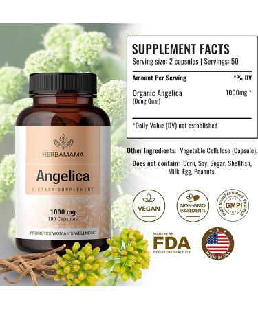 HERBAMAMA Angelica Capsules - Digestive Health, Heart & Blood Circulation Support - for Women with Dong Quai Root - Gluten Free, Vegan, Non-GMO - 1000mg 100 Caps - Buy Online on GoSupps.com