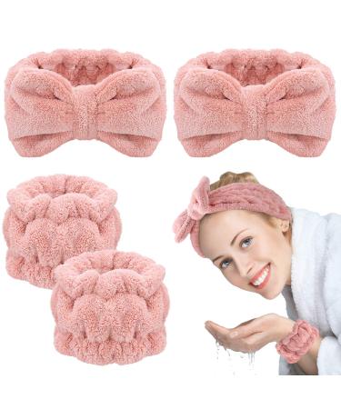 4 Pieces Spa Headband Wrist Washband Scrunchies Cuffs for Washing Face, Towel Wristbands Hair Headband Face Wash Wristband for Women Girls Makeup Prevent Liquids from Spilling Down Your Arms (Pink)