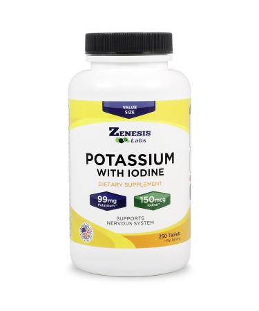 Potassium Gluconate with Iodine Kelp - 250 Tablets - 99mg per Tablet with 150mcg of Iodine - Leg & Muscle Cramp Relief - Blood Pressure Support