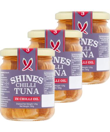 Wild Yellowfin Tuna in Chilli Oil - 3 x 185g Glass Jar - Low Carb - Ideal for Keto Diet - LCHF - Hand Filleted - No Gluten - High in Omega 3 - Low in Salt - by Shines