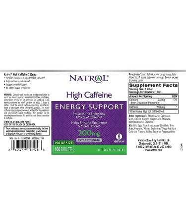 Natrol High Caffeine Extra Strength 200 mg - 100 Tablets | Energy Boost & Focus - Buy Online on GoSupps.com