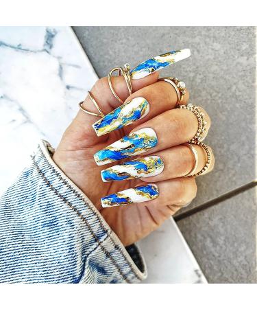 Artquee 24pcs Blue Press on Nails Long Ballerina - Glossy Acrylic Fake Nails with Gold Stroke Designs - Coffin False Tips for Women and Girls - Buy Online on GoSupps.com