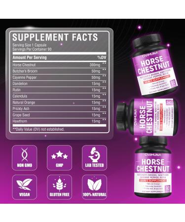 CIVIMUNA Horse Chestnut Capsules with Horse Chestnut Butcher's Broom Root Cayenne Pepper and More - 90 Capsules for 3 Months Supply - Buy Online on GoSupps.com