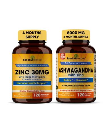 Sandhu Herbals Zinc 30mg Supplement and Organic 4 in 1 Ashwagandha Capsules with Zinc| Supports Healthy Skin Immune System| Non-GMO