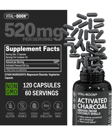 Vital+Boon Activated Charcoal Pills Derived from Coconut Shells Black Charcoal Binder for Stomach Gas & Bloating Relief Gluten Free Vegetarian Active Carbon to Support Detox (120 Capsules) - Buy Online on GoSupps.com