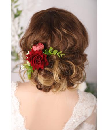 Kercisbeauty Bridal Burgundy Rose Flower Hair Clip for Wedding Floral Garden Headpiece for Brides Bridesmaid Floral Hair Clip Comb Prom Girls Hair Accessories
