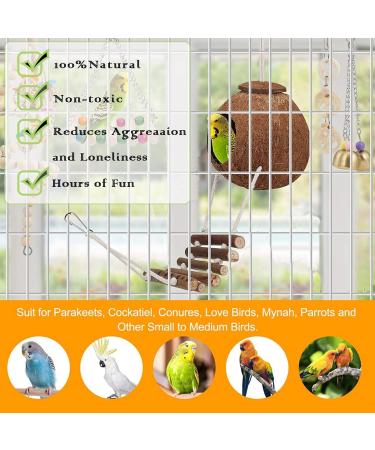 BIPY 16 PCS Bird Parrot Toys Hanging Bells Ball Swing Natural Coconut Birds Cage with Ladder Toy Pet Birds Stand Chewing Perches Wooden Toys for Parrots Parakeets Budgie Cockatiels Macaws 16PCS - Buy Online on GoSupps.com