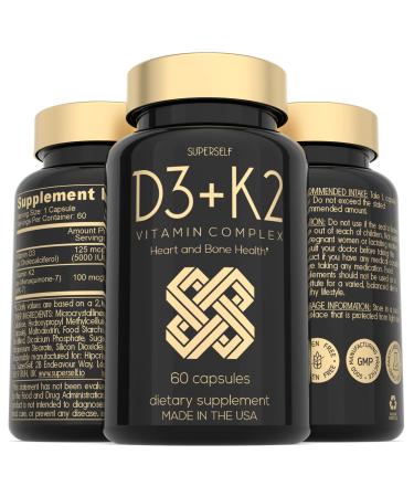 Vitamin D3 K2 Capsules - Vitamin D3 5000 IU and Vitamin K MK7 100mcg - 60 Capsules - USA Made Vegetarian Vitamin D Supplement - High Strength VIT D for Bones Muscle Teeth Immune System