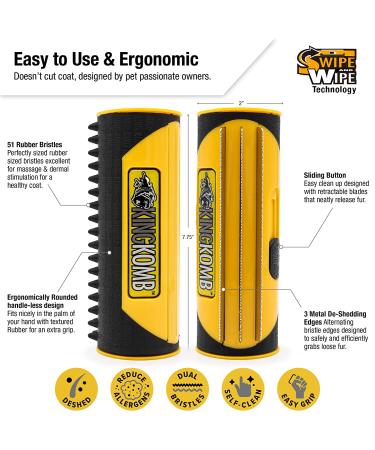 King Komb Deshedding Tool | Self-Cleaning Retractable Blades | 3 Metal Edges & Rubber Bristles | Large Yellow | Grooming Brush for Top & Undercoat - Buy Online on GoSupps.com