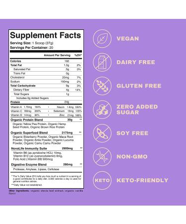 NovaLife Organic Immunity Vanilla Plant Protein Powder - 1.65 lbs - 24g Protein - 20 Servings, Elderberry, Vegan, Keto Friendly | Soy-Free, Dairy-Free, Non-GMO, Gluten-Free, No Sugar Added - Buy Online on GoSupps.com