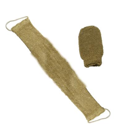 2in1 Exfoliating Hemp Gloves + Double Sided Large Natural Hemp Back Scrubber Massage Strap for Shower for Men and Women - Deep Clean & Invigorate Your Skin