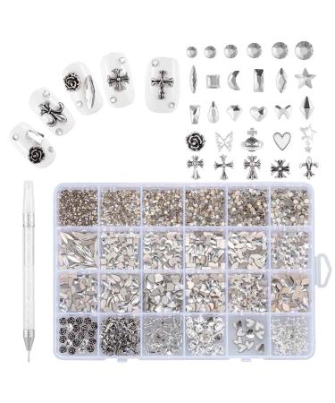 Tsinlan.ayn Nail Gems and Charms  2500 Flatback Rhinestones+600 Bling Multi Shape Diamonds+120 Butterfly Cross Star Flower Heart Planet Charms  Jewels 3D Nail Art Supplies Kit for Nail Techs Women silver