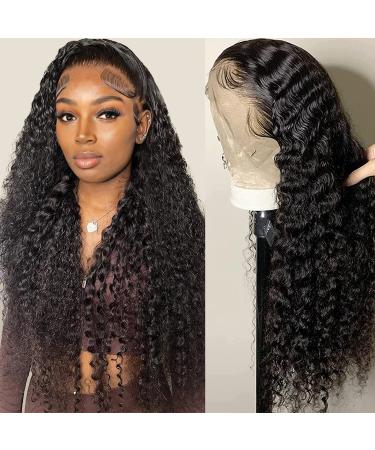 MICHIES Deep Wave Lace Front Wigs Human Hair Pre Plucked 13x4 Deep Curly Lace Front Wigs Human Hair 180% Density Glueless Wigs Human Hair For Balck Women Brazilian Deep Wave Wig (24 Inch) 24 Inch Natural Black