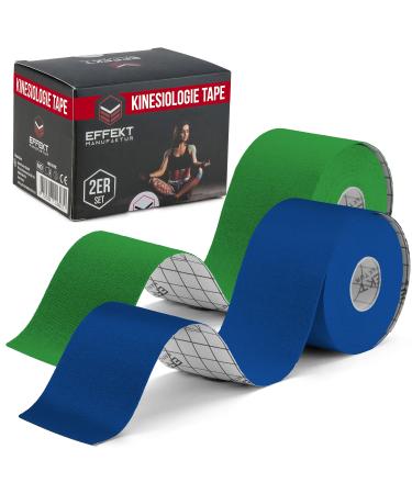 Effekt Kinesiology Tape Waterproof (5 m x 5 cm) 2 Rolls - Elastic Physio Tape for Muscle Support and Injury Recovery Medical Tape Sports Tape Strapping Durable Kinesthetic Tape (Dark Blue + Green) Green + Dark Blue 2 Rolls