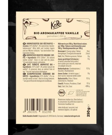 KoRo - Organic Vanilla Coffee 250g - High quality roasted coffee ground from 100% Arabica beans with a fine vanilla aroma without artificial flavors. - Buy Online on GoSupps.com