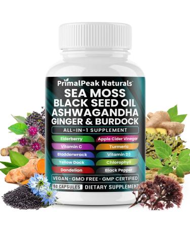 Sea Moss Black Seed Oil Ashwagandha Ginger Burdock Bladderwrack Turmeric & Vitamin C Vitamin D3 with ACV Elderberry Chlorophyll Dandelion Yellow Dock Vegan Capsules - 60 Count 60 Count (Pack of 1)