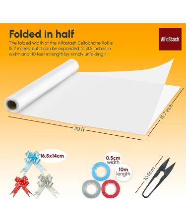 (31.5 in x 110 ft) Cellophane Wrap for Gift Baskets (Accessories are inside wrap Tube) 3Mils Thick  with 15 Pull-Bows  3 Ribbons & 1 Cutter - Clear Cellophane Wrap Roll for Flowers and Food- Folded in half Clear Wrap (31.5in x 110ft) - Buy Online on GoSupps.com