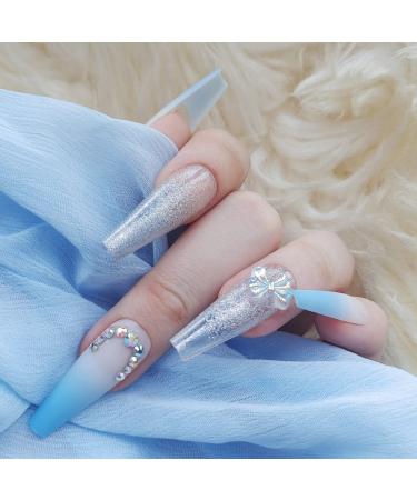 30PCS Press on Nails Long Fake Nails French Butterfly Blue Gradient with Rhinestones Glossy Acrylic Ballet Long Press on False Nails for Woman Gradient blue