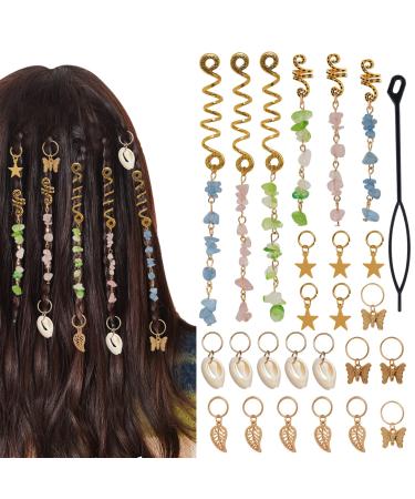 27Pcs Hair Jewelry for Braids  hoyuwak Natural Colored Crystal Stone Hair Braid Accessories Metal Hair Charms Gold Loc Dreadlock Hair Spirals Cuffs Rings for Women Girls Hairstyle Decoration