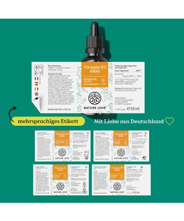 Nature Love Vitamin D3 1000 - High Dose Liquid Supplement with MCT Oil | 50ml | Highly Bioavailable & Pure - Buy Online on GoSupps.com
