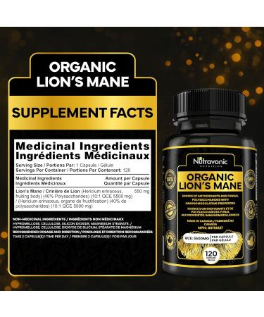 New Bonus Size! Nutravonic Organic Premium Lions Mane Supplement QCE 5550 mg (10:1 Extract 550 mg 120 capsules) per capsule - 40% Polysaccharides & 20% Beta-Glucan! - Lions Mane Mushroom Capsules - Lion Mane Mushrooms for Immune System Support - Source of - Buy Online on GoSupps.com