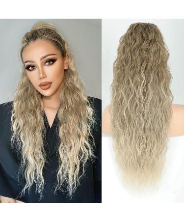 PORSMEER 28 inches Ponytail Extension Ash Blonde to Platinum Long Beach Wave Drawstring Clip in Pony Hair Extension Synthetic Pony Tail Hairpiece for Women Blonde mixed platinum