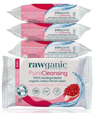 Rawganic Anti-aging Hydrating Facial wipes, Fragrance-free Biodegradable Organic Cotton Wipes with Pomegranate and Aloe Vera (set of 4) 25 Count (Pack of 4)