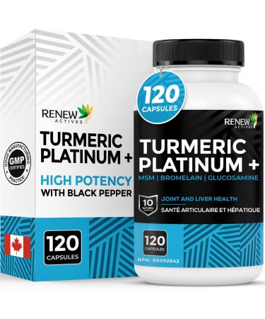 Renew Actives Turmeric Platinum 1350MG per 3 Capsules with Black Pepper & Ginger Antioxidant Liver & Digestive Support Reduces Inflammation & Boosts Immunity Made in Canada 120 Capsules