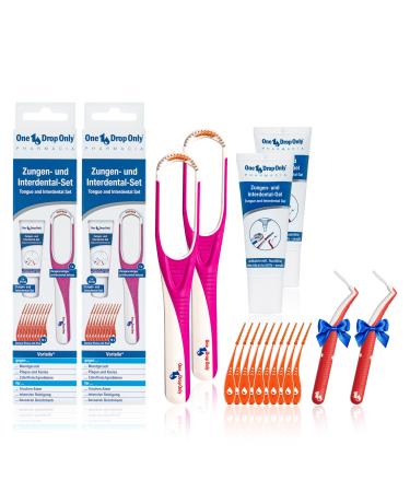 One drop only tongue cleaning and interdental set with 2x tongue and interdental gel & 2x tongue scraper against bad breath/tongue cleaner & 2x10 dental picks (plus 2 interdental brushes s on top) pink