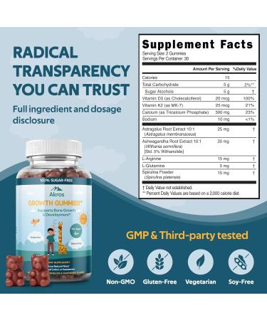 Akros Growth Gummies for Kids & Teens | Sugar-Free Calcium + Vitamin D3 & K2 Gummies - Height & Bone Support | Ashwagandha Spirulina L-Arginine | Non-GMO Gluten-Free 60 Raspberry-Watermelon Bears - Buy Online on GoSupps.com