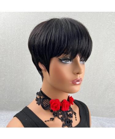 QiaQiaRing 9A Brazilian Pixie Cut Wig with Bangs | Short Straight Human Hair Wigs for Black Women | Natural Black Color - Buy Online on GoSupps.com