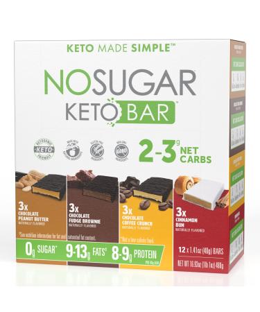 No Sugar Keto Bars - Variety Pack (Chocolate Peanut Butter, Fudge Brownie, Coffee Crunch, Cinnamon Bun) - Low Carb No Sugar Keto Snack Food with Keto Friendly Macros (12 x 1.41oz bars) 12 Count (Pack of 1)
